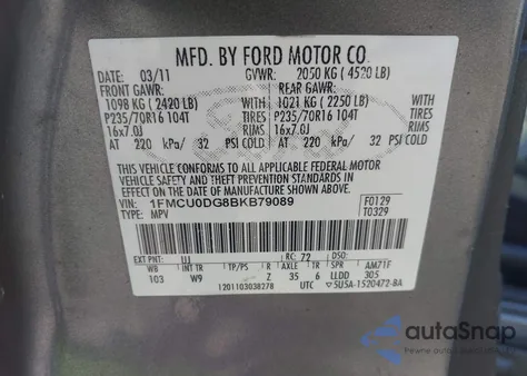 2011 Ford Escape Xlt из США, поврежденный, VIN 1FMCU0DG8BKB79089